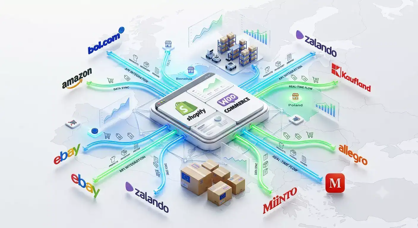Featured illustration showing multichannel ecommerce management with Amazon, bol.com, Zalando, Kaufland, eBay, Allegro, Miinto, Shopify, and WooCommerce connected through real-time inventory synchronization, order management, and marketplace integrations across Europe.