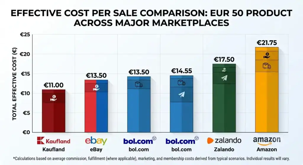 Bar chart comparing the effective cost per sale for a €50 product across Amazon, Zalando, bol.com, eBay and Kaufland, including estimated marketplace fees, fulfillment, advertising and subscription costs.