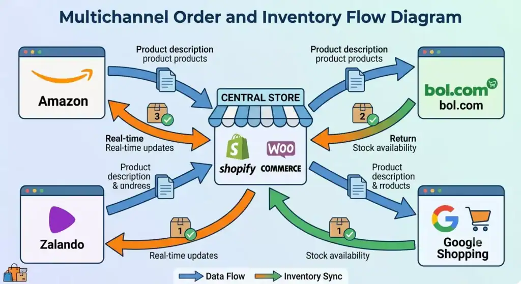 Diagram illustrating multichannel order management and inventory synchronization between Shopify, WooCommerce, Amazon, bol.com, Zalando, and Google Shopping.