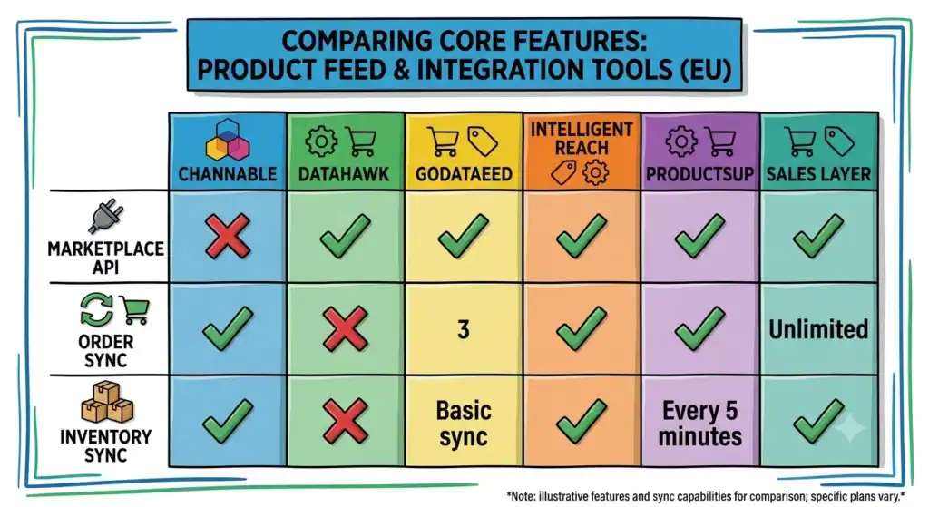 Comparison table of leading European product feed management and marketplace integration tools, showing core features such as marketplace API integration, order synchronization, and inventory sync. The chart helps e-commerce merchants compare product feed software capabilities and identify which platforms support two-way marketplace integration for channels like Amazon, bol.com, and other European marketplaces.