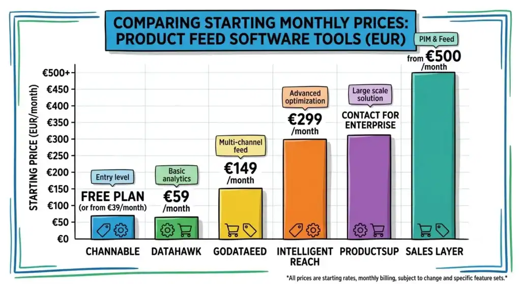 Bar chart comparing the starting monthly pricing of leading product feed management software for e-commerce, including Koongo, Channable, DataFeedWatch, GoDataFeed, Feedonomics, and Productsup. The chart illustrates the differences between free plans, SMB pricing, and enterprise solutions, helping online merchants compare the cost of product feed software for Google Shopping, marketplaces, and multichannel selling.