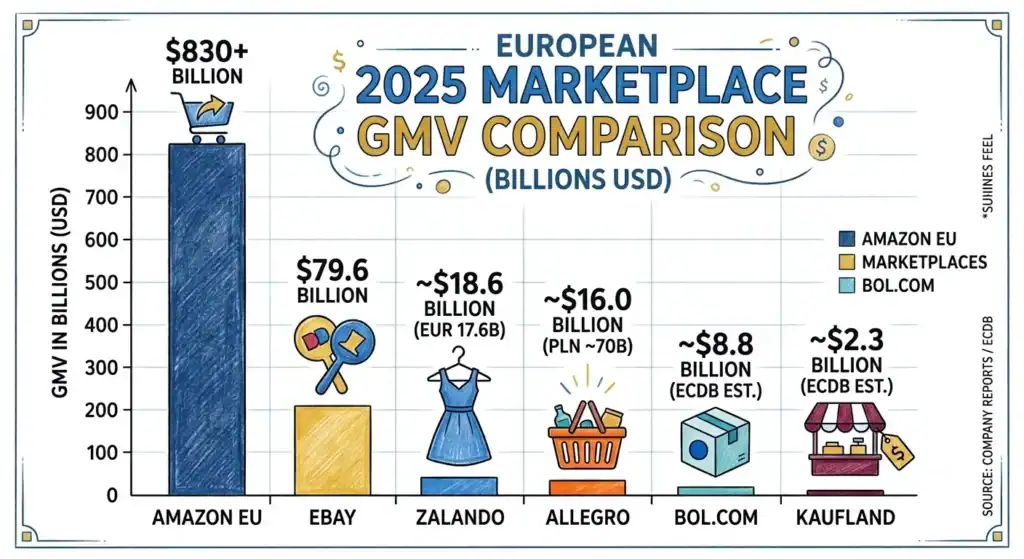 Bar chart comparing the 2025 Gross Merchandise Value (GMV) of leading European ecommerce marketplaces, including Amazon, eBay, Zalando, Allegro, bol.com, and Kaufland. The chart highlights the scale of each marketplace by annual GMV, helping merchants compare marketplace size, market leadership, and ecommerce platform performance across Europe.