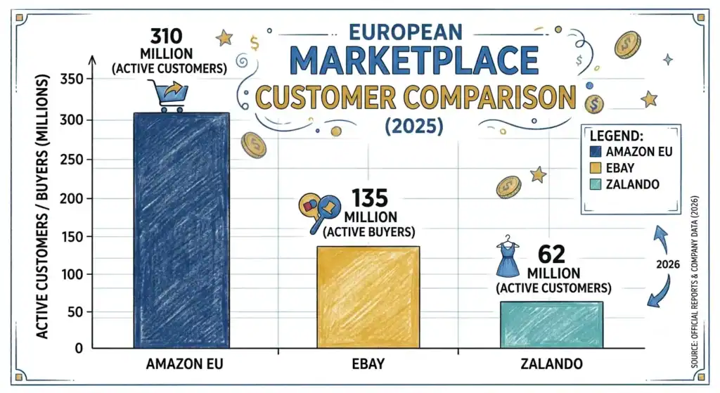 Bar chart comparing active customers and buyers across leading ecommerce marketplaces in 2025, including Amazon with more than 310 million active customer accounts, eBay with 135 million active buyers, and Zalando with 62 million active customers. The visualization highlights the relative customer reach of major online marketplaces and helps merchants compare marketplace audience size when evaluating ecommerce sales channels.