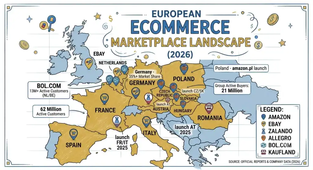 Map of Europe illustrating the presence, expansion, and market coverage of leading ecommerce marketplaces, including Amazon, eBay, Zalando, Allegro, bol.com, and Kaufland. The infographic highlights key European markets such as Germany, Poland, France, Italy, Spain, the Netherlands, Belgium, Czechia, Slovakia, Austria, and Romania, showing marketplace reach, active customers, launch markets, and regional ecommerce opportunities for cross-border selling.