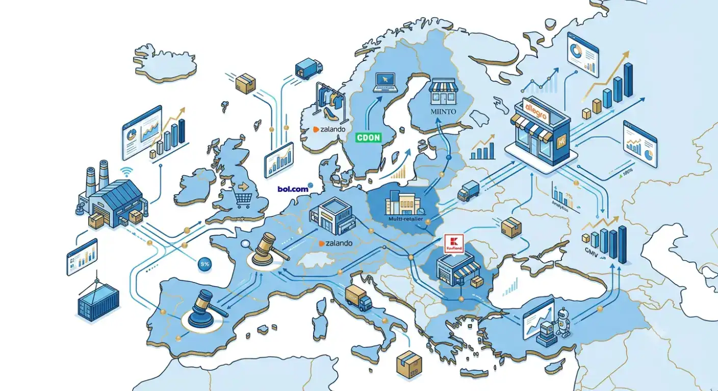 Featured illustration of the European ecommerce marketplace ecosystem, highlighting leading online marketplaces including Amazon, eBay, Zalando, Allegro, bol.com, Kaufland Marketplace, CDON, and Miinto. The image represents cross-border ecommerce, marketplace growth, active customers, GMV, and digital commerce trends across Europe's largest online retail markets, helping merchants compare marketplace opportunities and expansion strategies.