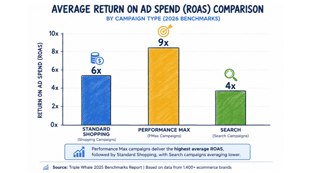 Average ROAS comparison chart for Google Ads campaign types in 2026, showing Standard Shopping at 6x ROAS, Performance Max delivering 15–20% higher ROAS than Standard Shopping (approximately 7–7.2x), and Search campaigns with a lower average ROAS, highlighting the performance differences between campaign formats.