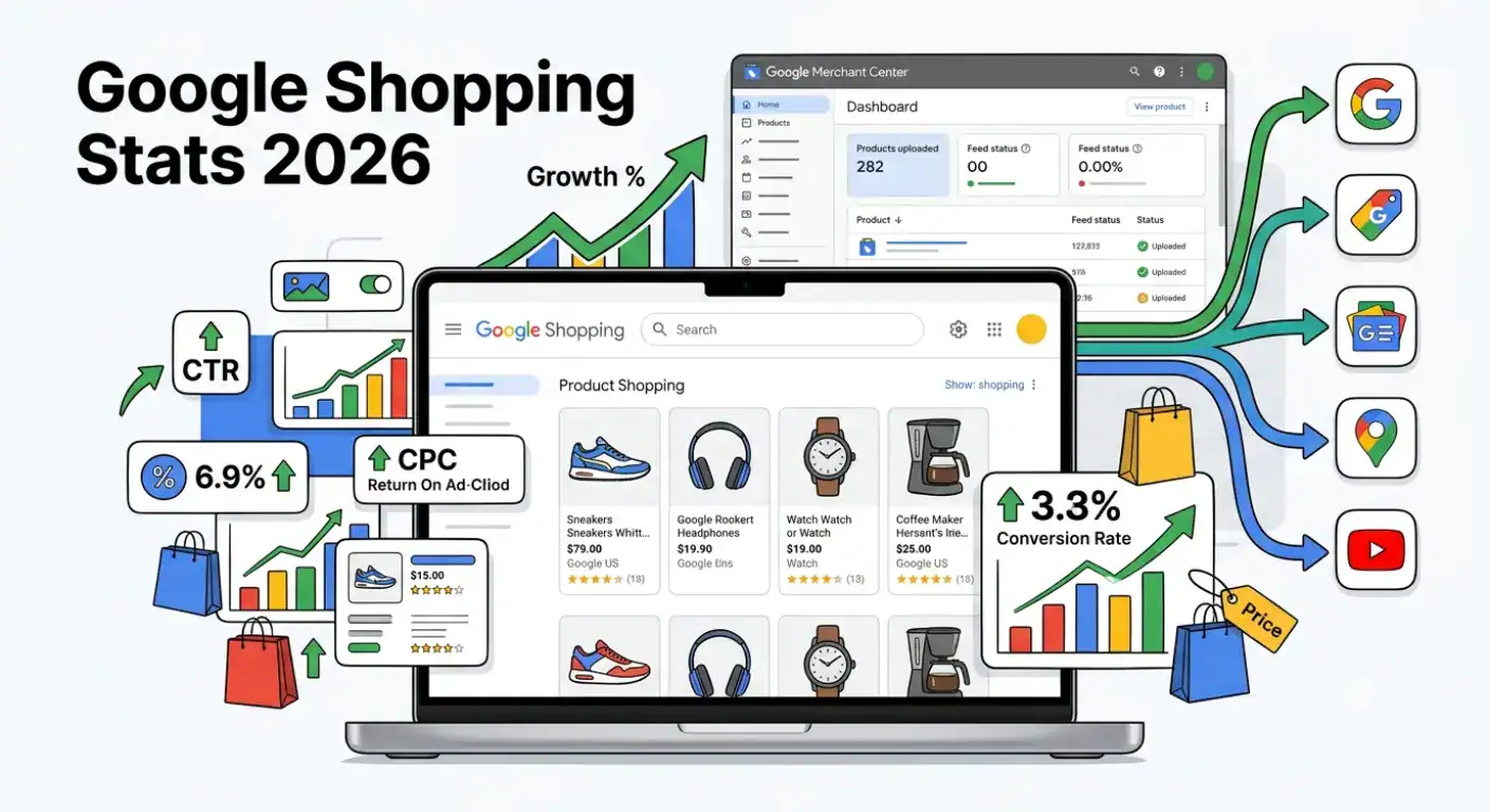 Featured illustration for Google Shopping Statistics 2026 showing Google Shopping, Google Merchant Center, ecommerce analytics dashboards, product feeds, and performance metrics including CTR, CPC, ROAS, and conversion rates.