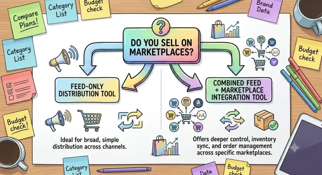 Decision flowchart comparing feed-only distribution software with combined product feed and marketplace integration software. The diagram helps e-commerce merchants choose between tools that only distribute product feeds to channels like Google Shopping and Meta Ads versus platforms that also provide marketplace API integration, order synchronization, and inventory sync for Amazon, bol.com, Zalando, Kaufland, and other marketplaces.