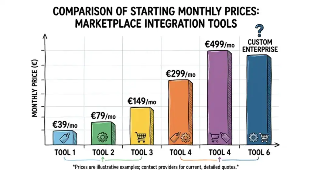 Bar chart comparing the starting monthly pricing of marketplace integration software for e-commerce merchants. The chart illustrates the cost differences between SME and enterprise marketplace integration platforms, helping businesses compare pricing for tools that automate marketplace API integration, product listings, order synchronization, inventory sync, and multichannel selling across Amazon, bol.com, Zalando, Kaufland, and other European marketplaces.
