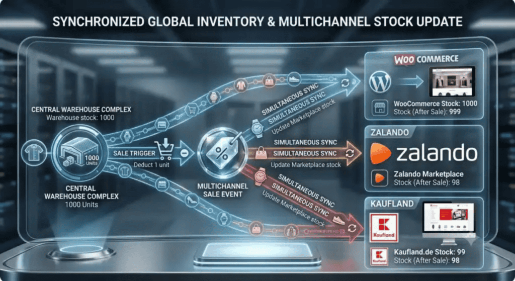 Real-time inventory synchronization between WooCommerce, Zalando, and Kaufland automatically updating stock levels across multiple sales channels after every order.
