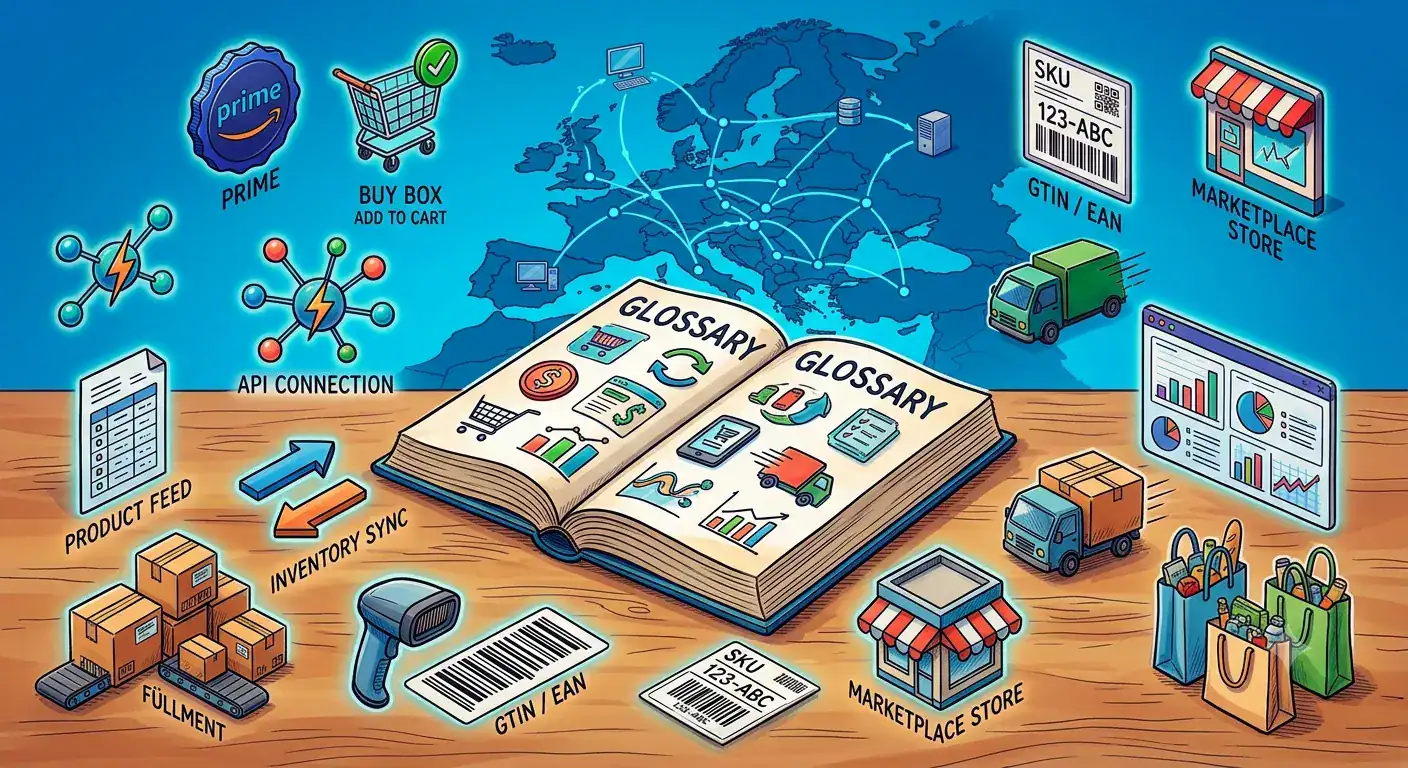Marketplace glossary illustration showing Amazon Prime, Buy Box, API connection, product feed, inventory sync, SKU, GTIN/EAN, fulfillment, marketplace store, and European e-commerce integration concepts.