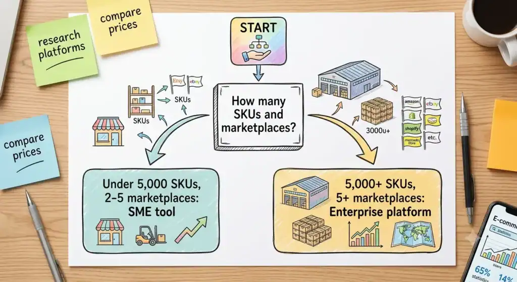 Decision flowchart helping e-commerce merchants choose the right marketplace integration software based on catalog size and the number of marketplaces. The diagram compares SME solutions for stores with under 5,000 SKUs selling on 2–5 marketplaces with enterprise marketplace integration platforms for larger businesses managing over 5,000 SKUs, multiple sales channels, API integrations, automated order synchronization, and inventory management.