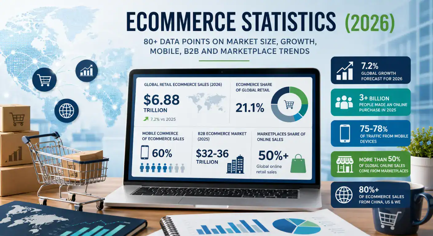 Featured illustration summarizing key ecommerce statistics for 2026, including global ecommerce market size, retail sales growth, mobile commerce, B2B ecommerce, online marketplace trends, and European ecommerce insights. The infographic highlights major industry data, market forecasts, and digital commerce trends for online retailers and ecommerce businesses.