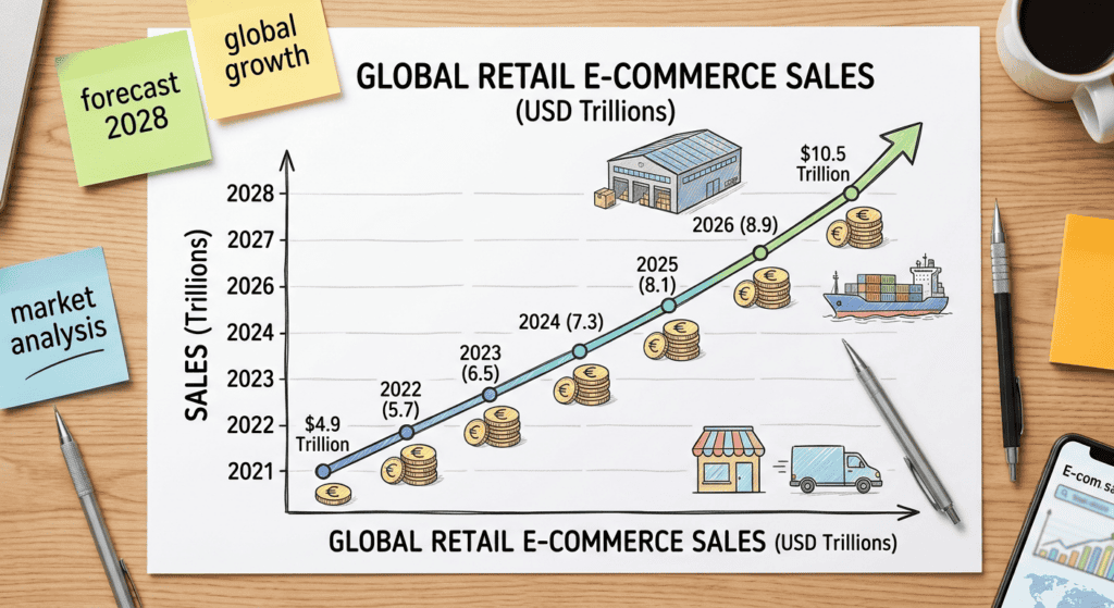 Line chart illustrating global retail ecommerce sales growth from 2021 to 2028, showing the continued expansion of the ecommerce market in USD trillions. The infographic highlights rising online retail sales, ecommerce market growth forecasts, and the increasing importance of digital commerce for global retailers and online businesses.