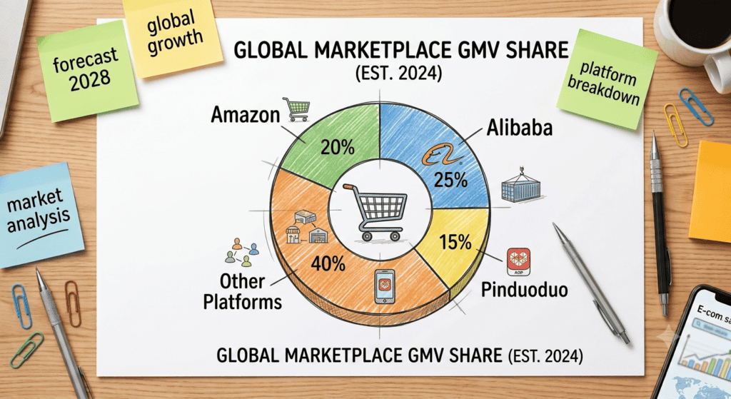 Pie chart comparing the estimated global marketplace GMV share of Amazon, Alibaba, Pinduoduo, and other ecommerce platforms. The infographic provides a visual overview of marketplace market share, gross merchandise value distribution, and the role of leading online marketplaces in global ecommerce sales and digital commerce growth.