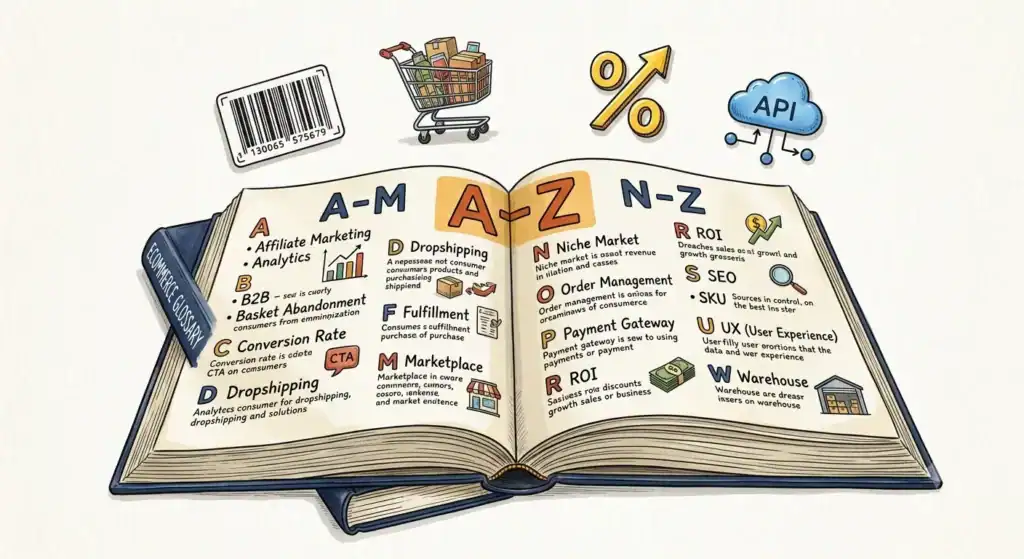 Illustration of an ecommerce glossary with A–Z terms, including product feeds, marketplaces, API, analytics, fulfillment, and ecommerce terminology.