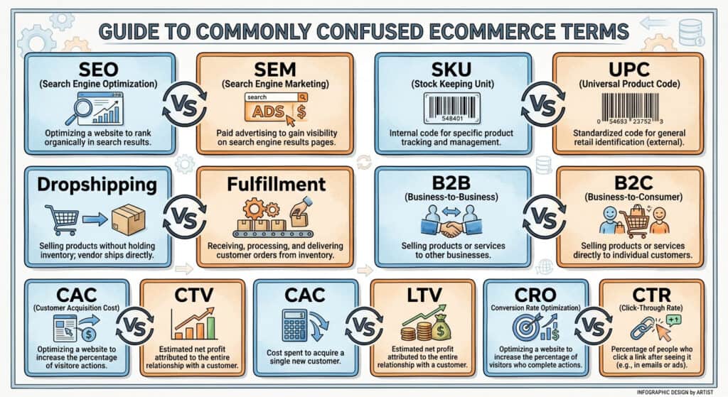 Infographic comparing commonly confused ecommerce terms, including SEO vs SEM, SKU vs UPC, Dropshipping vs Fulfillment, B2B vs B2C, CAC vs LTV, and CRO vs CTR.