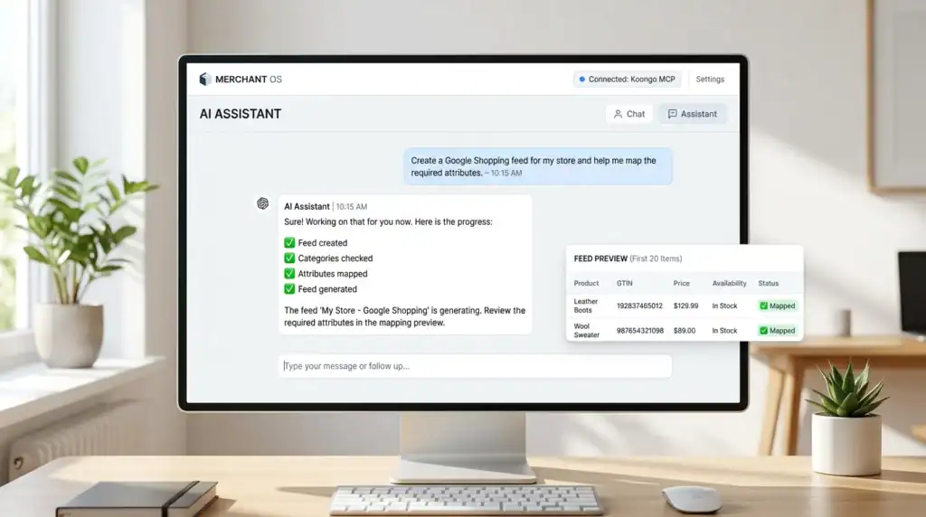 Oprettelse af et Google Shopping-produktfeed med Koongo MCP ved hjælp af en AI-assistent